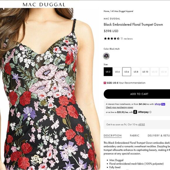 Mac Duggal Size 6 Black Floral Embroidery Sweetheart Neck Long Maxi Gown Dress - Picture 3 of 7